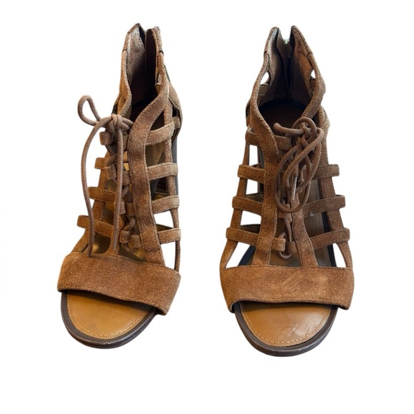 Franco Sarto Cognac Suede Tie Front Cut Out Wooden Block Heel Size 6.5 - Picture 2 of 8